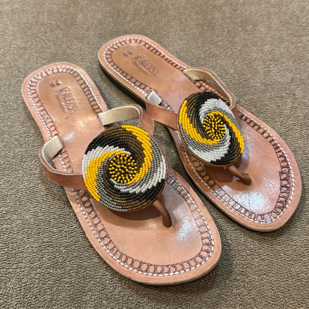 Alex’s Leather Sandals Flip Flops Size 39/8US Brown Beaded (TD)